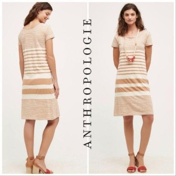 Anthropologie Maeve haven dress in tan and cream striped tee shirt dress size xs - Picture 1 of 7